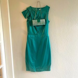 Green Satin Midi Dress with Clutch bag.